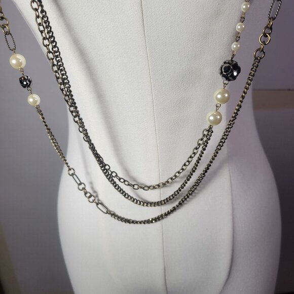 Lia Sophia Layered Mixed Chain Necklace With Faux Pearl & Black Bead Accents - Picture 4 of 6